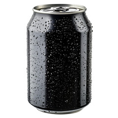 Matte black soda can with cold water condensation drops isolated on transparent background