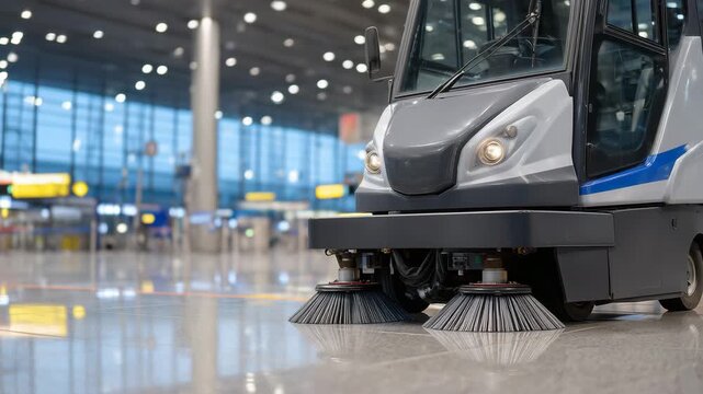 Close-up of an autonomous sweeper scrubber machine cleaning a glossy airport floor, rotating brushes and water jets in motion, AI camera sensors visible on the front, reflections o