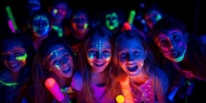 Neon-lit room with kids dancing, glow sticks, face paint and glowing balloons. A playful night of vivid color, energy and blacklight celebration.