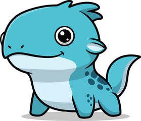 Obraz premium Cartoon illustration of a smiling blue dolphin character with spots standing alone on a plain background from a side viewpoint