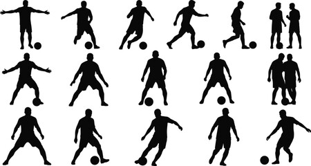 Obraz premium Collection of professional soccer player silhouettes featuring athletes in various action poses like running dribbling and kicking ball isolated on white background vector