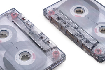 An old audio cassette close-up on a white background