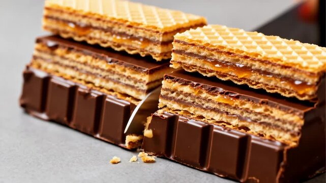 Medium shot capturing precise guillotine cuts on waferlayered chocolate praline slabs revealing delicate crispy wafer layers inside.