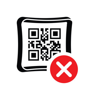 QR code with a red 'X' cross mark icon. Vector graphic representing a failed scan, invalid link, denied digital payment, or error during mobile transaction on a clean white background.