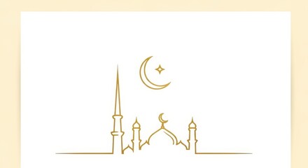 Elegant Golden Line Art Mosque Silhouette with Minaret, Dome, Crescent Moon and Star, perfect for Islamic holidays like Ramadan and Eid Mubarak backgrounds.