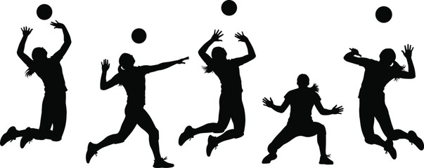 Volleyball player silhouettes illustration, athletes jumping and spiking ball in action poses, competitive team sport movement, dynamic black vector set isolated © Ideasy Mind