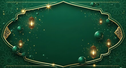 Elegant Islamic Green and Gold Background with Ornate Frame, Traditional Arabic Lanterns, and Glowing Spheres. Festive Ramadan Eid Template for Greetings and Invitations.