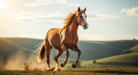Obraz premium A galloping horse running freely in a green meadow under a sunny sky with rolling hills in the background from a dynamic side viewpoint