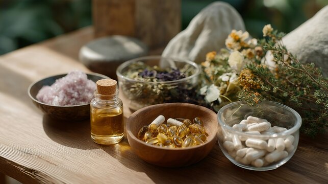An artistic arrangement of natural remedies displayed on a wooden table, emphasizing organic solutions for hair loss, including essential oils and herbal supplements that promote hair growth.