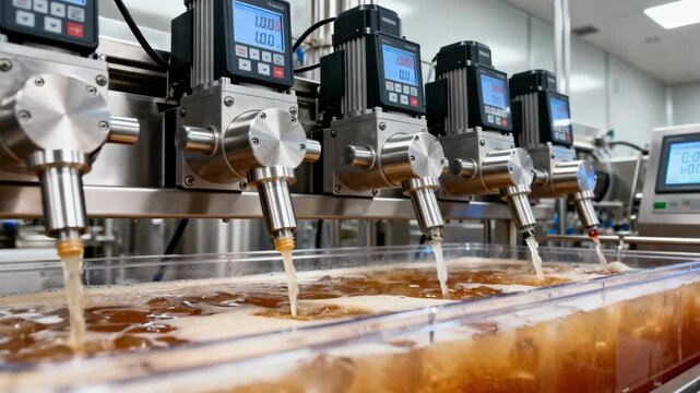 Medium angle capturing servo pumps precisely adding flavor enhancers to beverage mixtures emphasizing automated dosing and consistent quality in food processing.