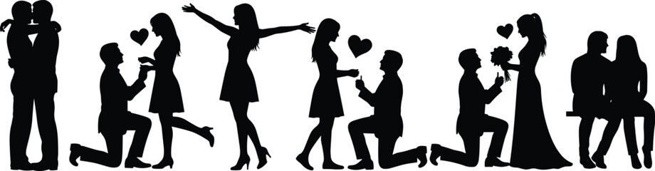 Romantic couple silhouettes showing love proposal moments, engagement scenes, hugging kissing poses, black and white vector illustration set for stock
