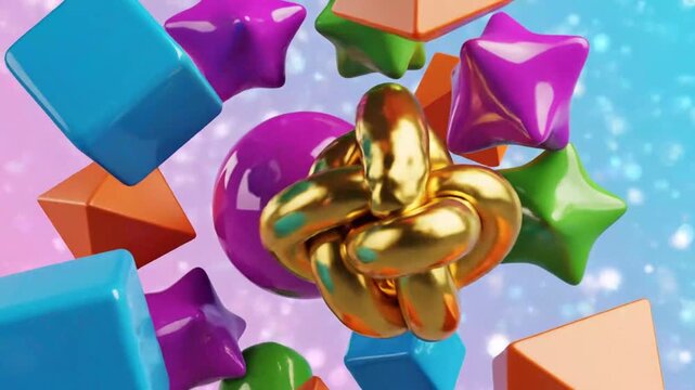 Abstract geometric shapes floating with stars and a green knot