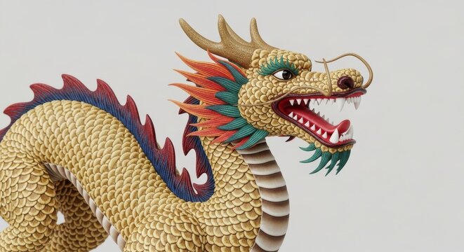 Vibrant golden dragon statue with intricate scales and colorful mane, showcasing cultural heritage and mythological significance from a close-up viewpoint