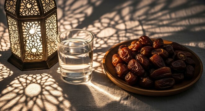 A plate of dates and a glass of water beside a decorative lantern on a table with intricate shadow patterns