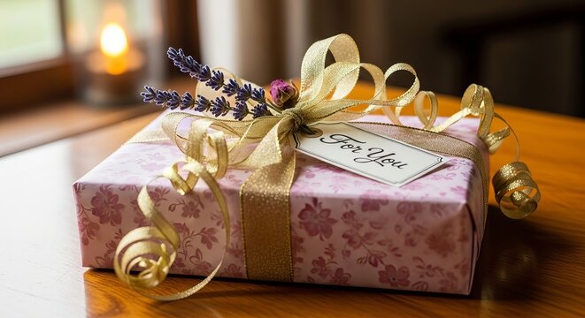 Gift box adorned with ribbon and lavender on wooden table indoors with soft lighting