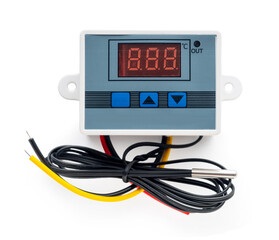 Electric temperature controller thermostat on white isolated background
