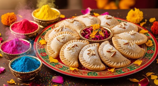 A vibrant plate of traditional Gujiya sweets surrounded by colorful Holi powders and flowers on a festive table setting