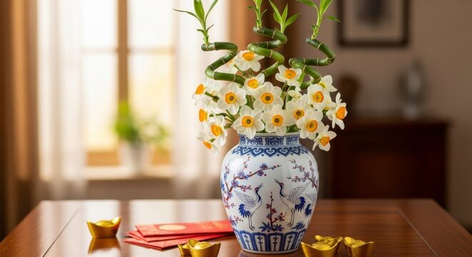 Beautiful floral arrangement in blue and white vase on wooden table with flowers and decor near window
