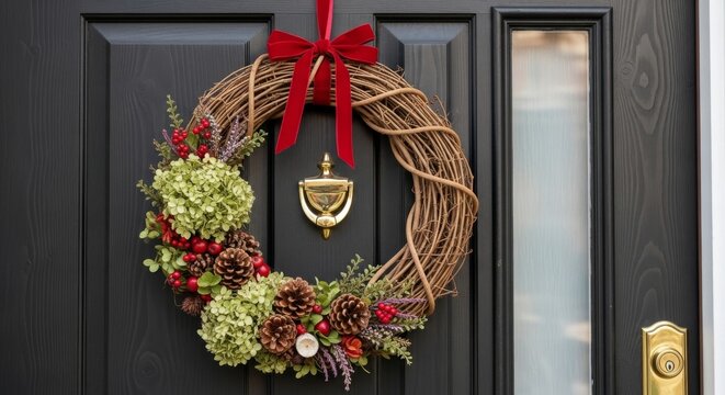A festive wreath with flowers and red ribbon adorns a dark front door with a glass panel and golden door handle