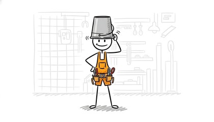 Stick Figure Construction Worker Wearing a Bucket Hat and Tool Belt.