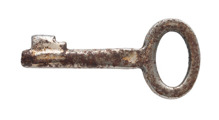 old rusty key close-up on a white isolated background