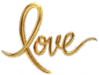 Valentine Golden cursive word love made of shiny metallic ribbon with glitter overlay