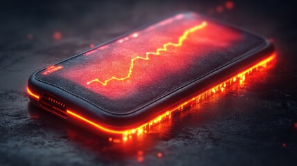 A smartphone glows red, displaying a fluctuating line graph. The device sits on a textured surface