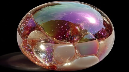 A close-up of a spherical, iridescent object reflecting light with abstract patterns and colors