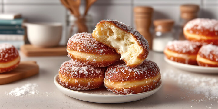 Creative food concept. Pile of homemade golden-brown fluffy fried donut doughnut with sprinkled icing sugar on white plate, bright airy kitchen. Copy text space. Long banner