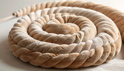 Close-up of braided dough, dusted with flour, spiraling into a compact form on a neutral surface, showcasing texture