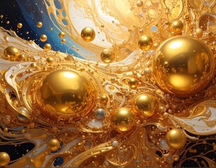 An abstract, detailed artwork featuring gold orbs floating in a liquid swirl. The fluid design exhibits light and dark tones