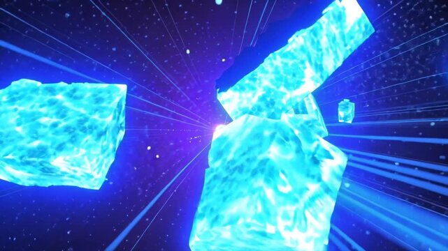 4K cinematic stock video, glowing tectonic plates colliding separating, fractal shockwaves energy pulses emanating, crystalline shards flying, molten crystal veins exposed, neon-blue purple light