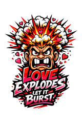 Explosive Love Graphic with Heart Shapes, Angry Character, and Bold Typography for Valentine's Day Designs