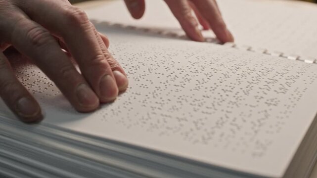 Close up cropped shot of hands of unrecognizable skilled person carefully reading braille text on white page, touching raised dots with fingers
