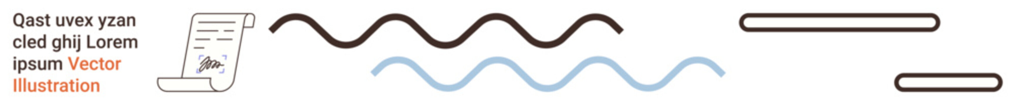 Data organization, technology, communication, document design, abstract concepts, digital media. A document icon, black and blue wavy lines and parallel bars. Data organization and communication