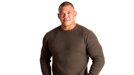 Athletic man smiling, brown ribbed sweater, neutral background. Confident happy portrait, casual clothing, positive expression, healthy lifestyle, muscular build, studio portrait, friendly demeanor.