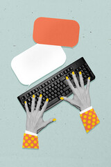 Image trendy artwork banner collage of human hands type qwerty buttons bubble correspondence chat...