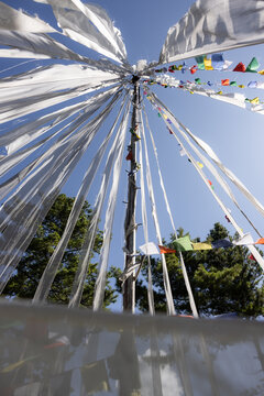 View of prayer flags fluttering in the breeze, attached to a central pole reaching towards the clear sky, against the backdrop of green trees, Kiki La Pass, Bhutan.