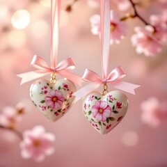 hearts with floral designs hanging on ribbons
