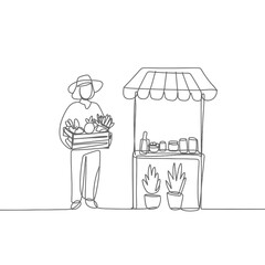 Line drawing of a farmer with produce and a market stall