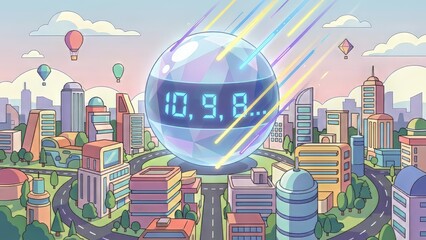 Countdown Sphere Arrives over Colorful Modern Cityscape