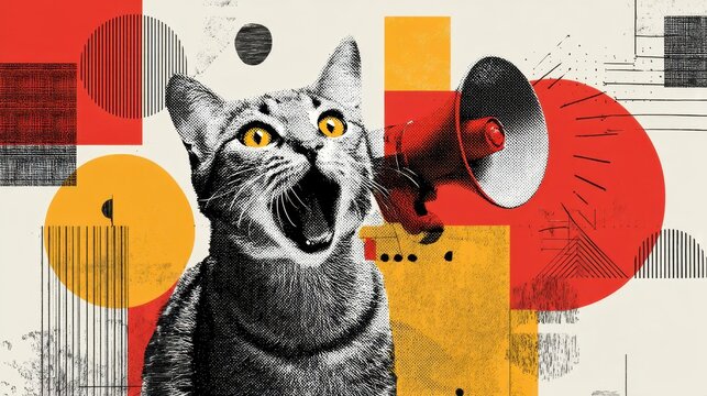 Artistic collage of cat with megaphone and abstract shapes.