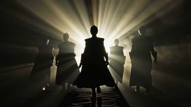 Cinematic 4K video, heroic superhero team silhouettes emerging massive glowing light portal, strong backlight dramatic black silhouettes, five distinct heroic figures capes futuristic armor, god rays