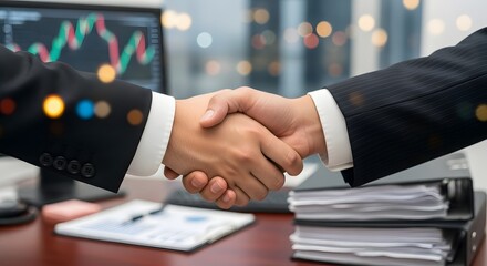 Corporate handshake in front of glowing stock market charts and financial trading screens