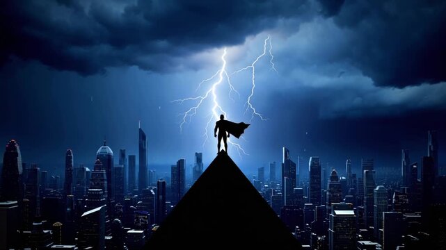 cinematic 4K video, unbranded superhero silhouette standing skyscraper rooftop edge, back view, dramatic flowing cape, massive futuristic city storm clouds rolling, lightning flashes behind figure