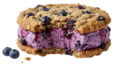 Gourmet Blueberry Ice Cream Sandwich with Oatmeal Cookies - Delicious Frozen Dessert with Fresh Blueberries isolated on a transparent background 