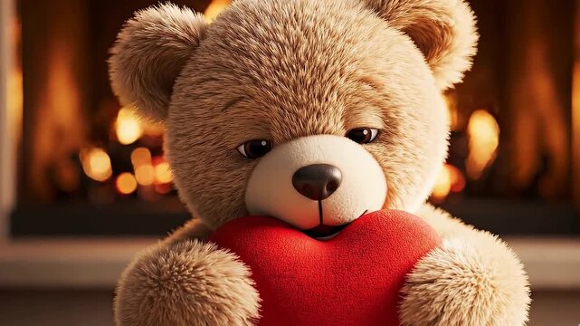 Cuddly teddy bear holding red heart in cozy living room by fireplace