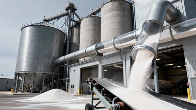 Industrial conveyor system moving sugar from large outdoor silos through enclosed tubes into an indoor manufacturing plant highlighting efficient ingredient flow.