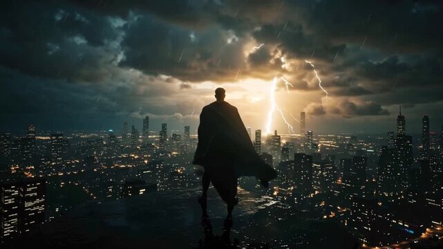 cinematic 4K video, unbranded superhero silhouette standing skyscraper rooftop edge, back view, dramatic flowing cape, massive futuristic city storm clouds rolling, lightning flashes behind figure