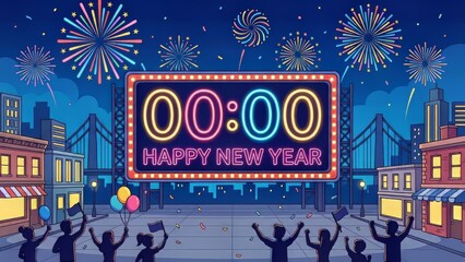 Midnight Countdown to New Year with City Fireworks